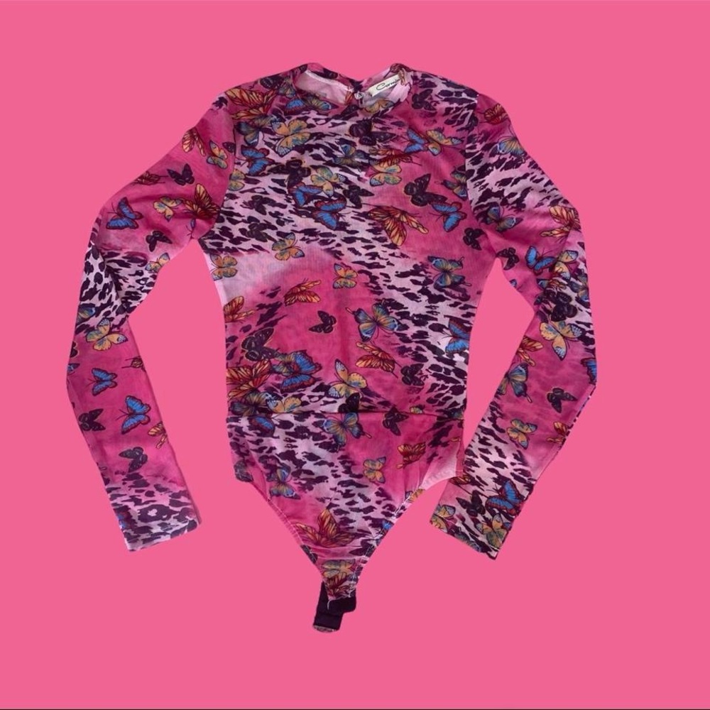 super cute butterfly design long sleeve pink mesh bodysuit